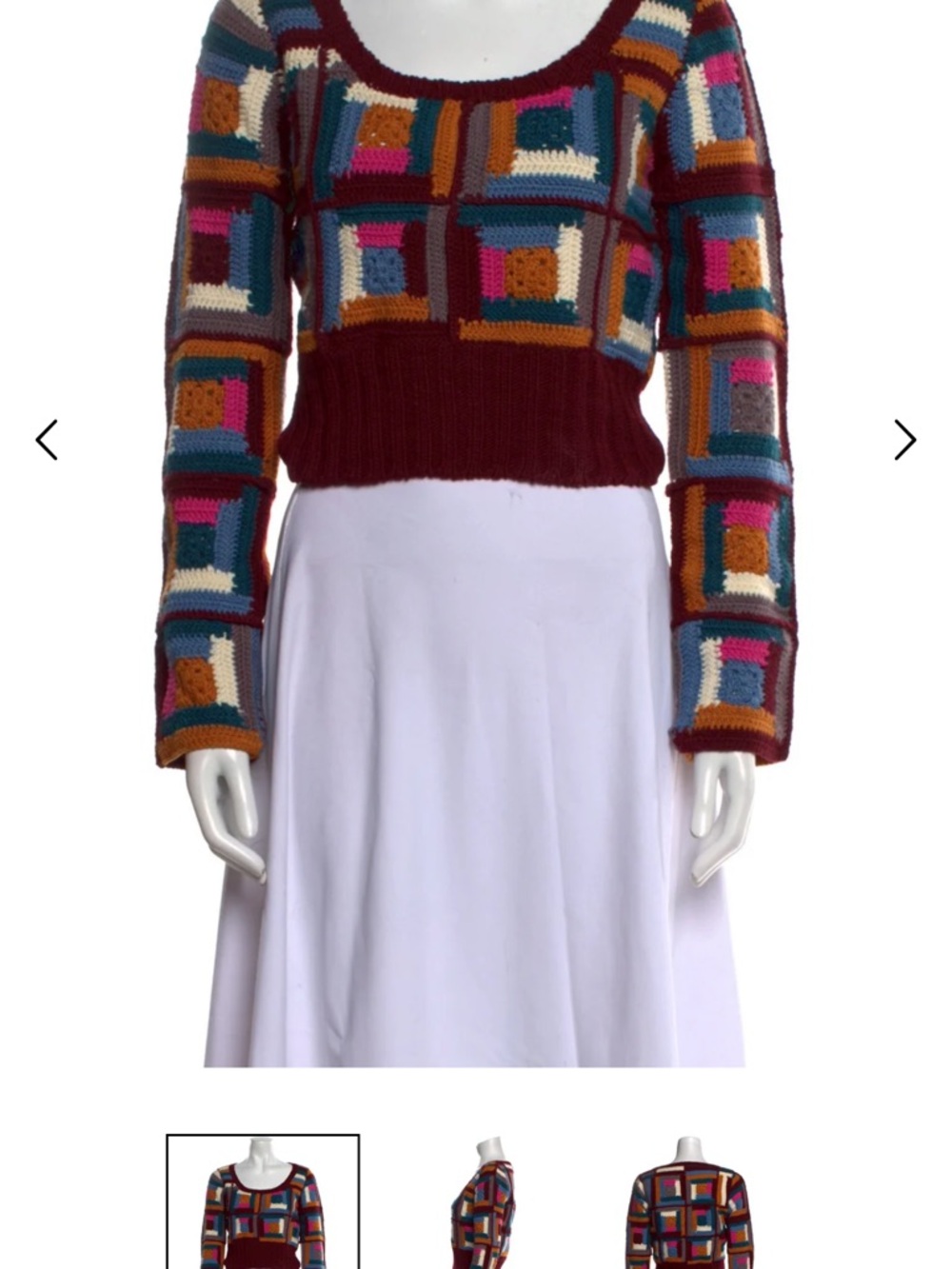 XS Sea New York Crochet Patchwork Crop Sweater in Burgundy and Multicolor